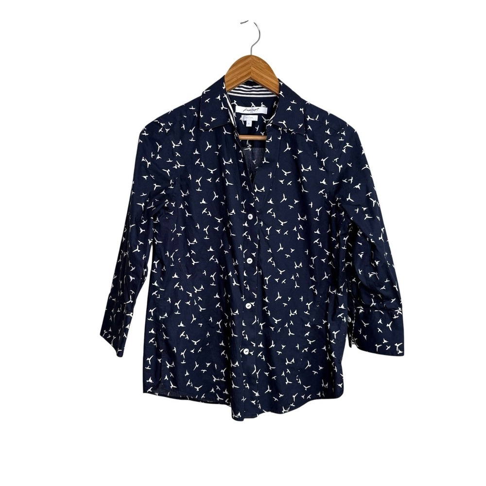 Foxcroft Womens Top Small Blue Bird Print Button Up Easy Care Collar Office
